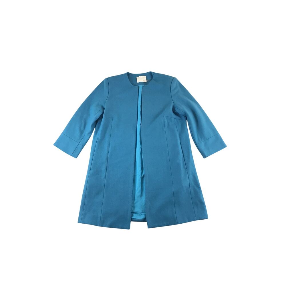 Turquoise Open Coat Rhyme and Echo Wool Viscose Pockets Size Medium 3/4 Sleeve